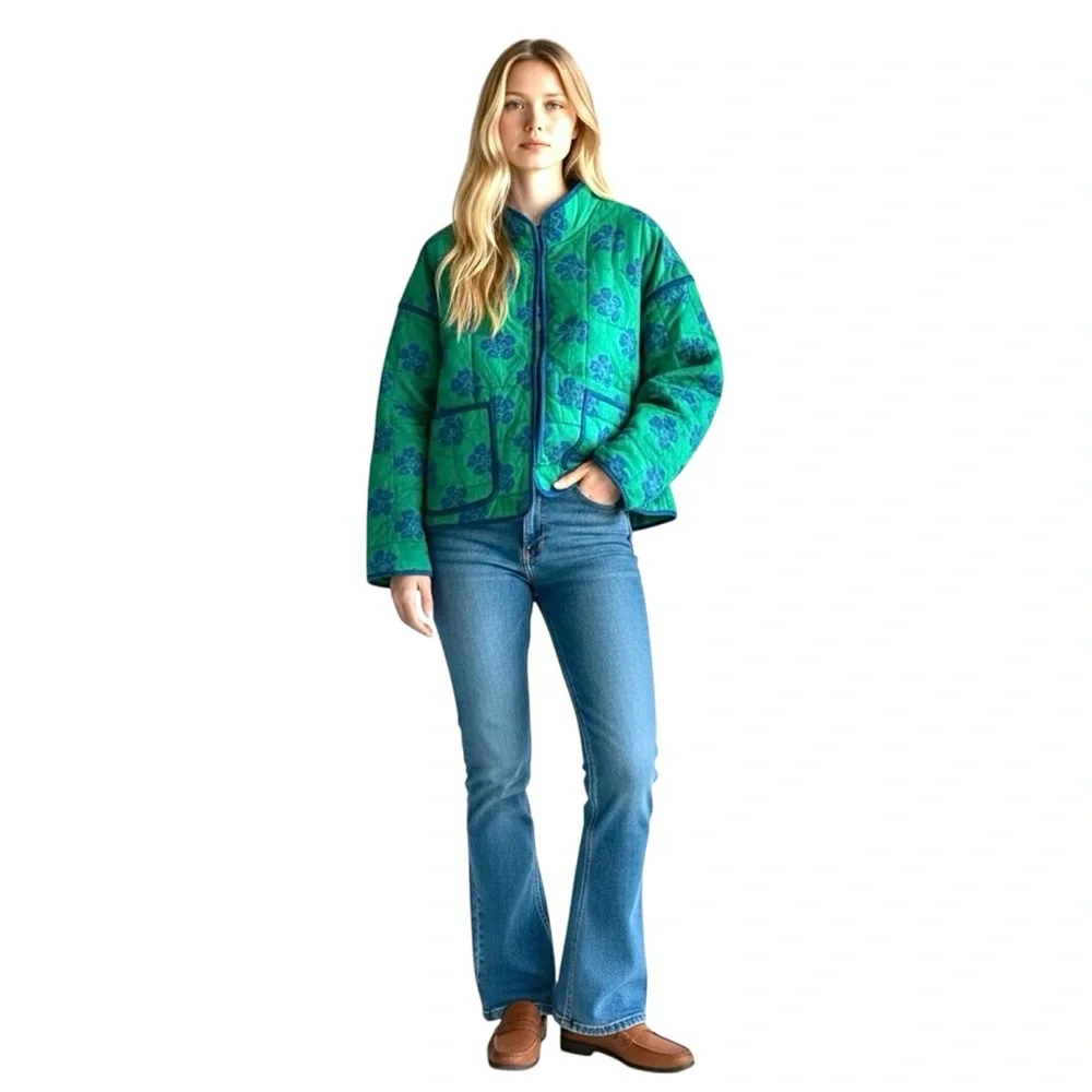 Free People Chloe Jacket Green Blue Quilted